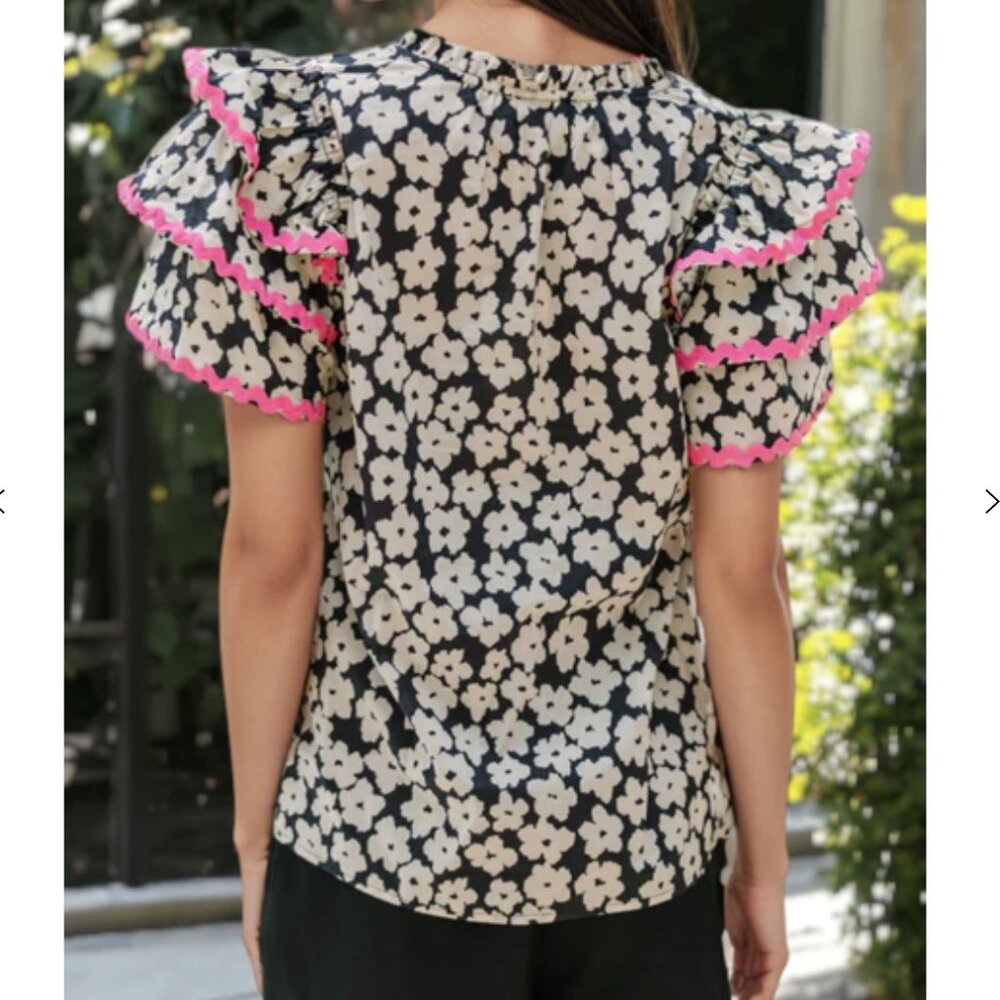 Entro Floral Contrast Ric Rac Layered Ruffle Sleeve Blouse Medium - Picture 2 of 5